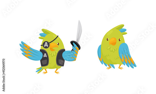 Cute Green Parrot Standing in Pirate Costume Vector Set © Happypictures