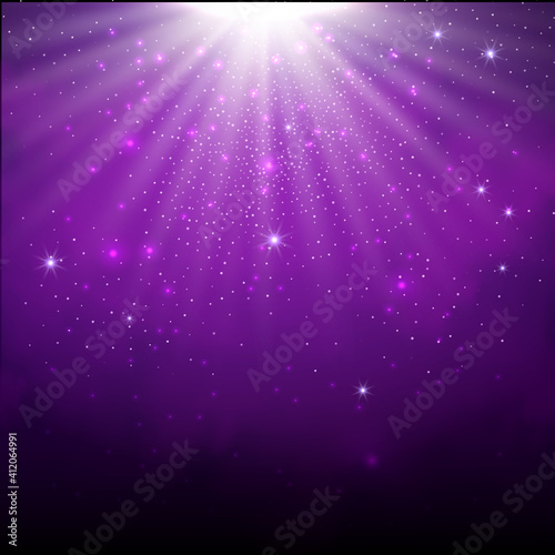 Purple spotlight. Bright lighting with spotlights of the stage with purple dust on dark background.