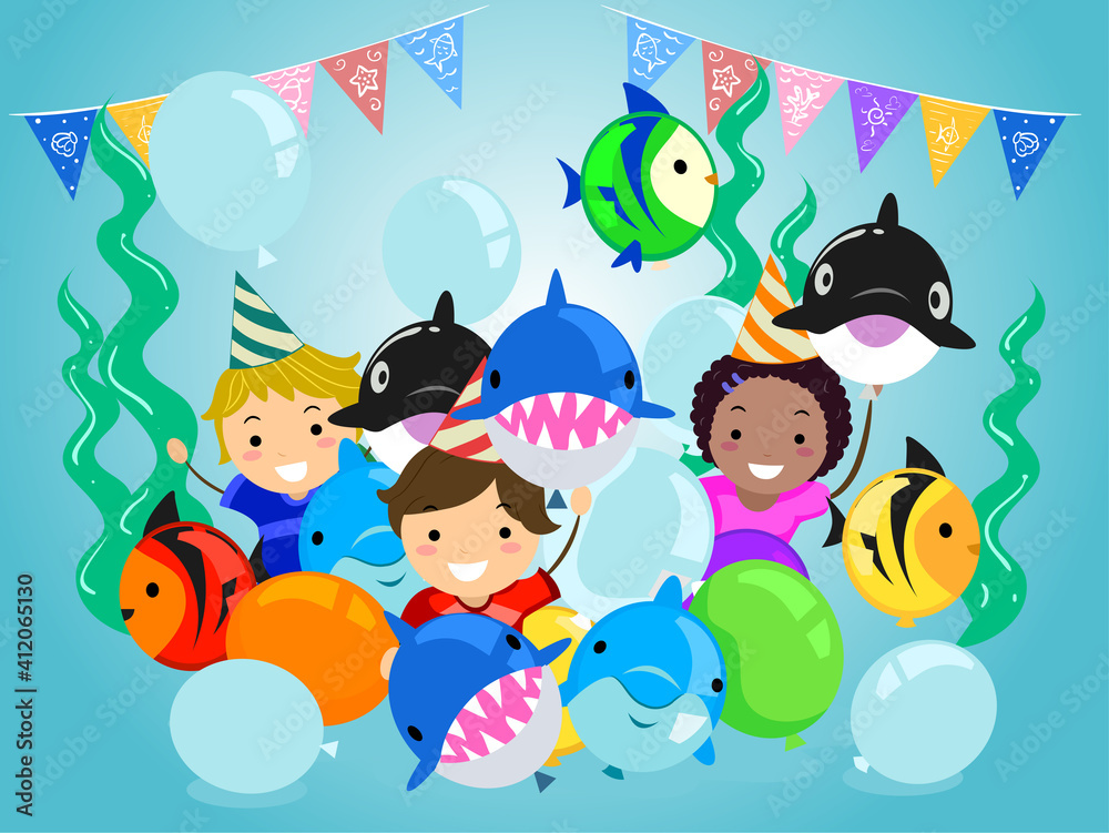 Obraz premium Stickman Kids Underwater Birthday Illustration