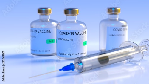 syringe with a coronavirus COVID-19 vaccine bottles 3D rendered image