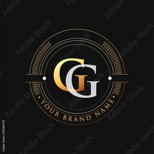 initial letter logo GG gold and white color, with stamp and circle object, Vector logo design template elements for your business or company identity.