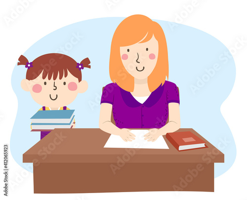 Kid Girl Class Teachers Assistant Illustration