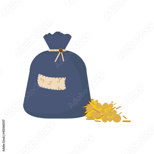 Bag with money, tied and sealed with a wax seal. Coins fall from the hole. The concept of losing money in business or financial problems in a company. Coins, dollars. Vector flat illustration. 