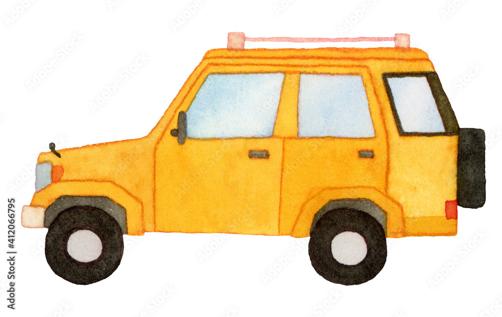 Hand drawn watercolor yellow car. isolated on white background.