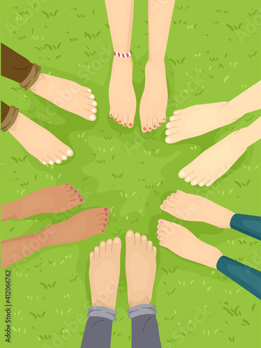Feet Group Barefoot Grass I...