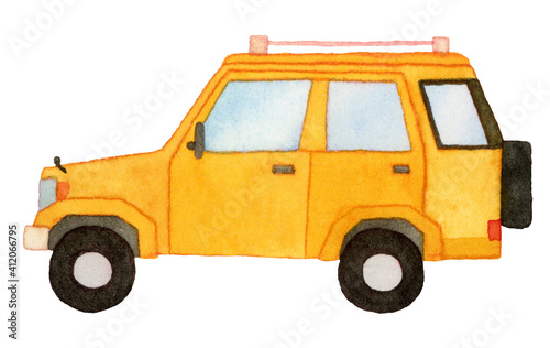 Hand drawn watercolor yellow car. isolated on white background.