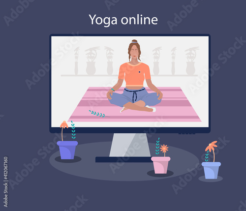 Middle-aged woman, online meditation, sitting in a yoga pose. Remote broadcast of a set of exercises for a healthy lifestyle or fitness in quarantine. Vector image.