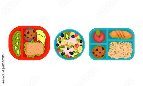 Open Lunch Box with Different Food Inside Vector Set