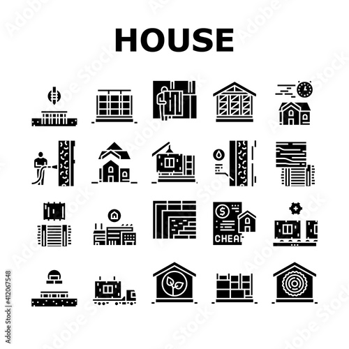 Timber Frame House Collection Icons Set Vector. Pile Screw Foundation And Ecowool Insulation, Wooden And Steel Building Frame Glyph Pictograms Black Illustrations