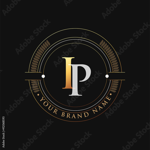 initial letter logo IP gold and white color, with stamp and circle object, Vector logo design template elements for your business or company identity.