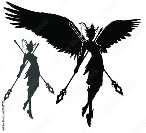 A black silhouette of an angel girl with paired staffs and large wings, she gracefully soars in the air on her head is an unusual crown with beads and horns . 2d illustration
