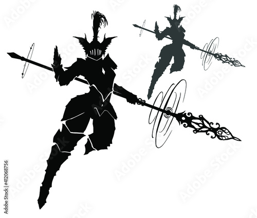 A black silhouette of a knight girl with a magic staff spear in a dynamic action pose, she is wearing an armored helmet with wings and a tail . 2d illustration