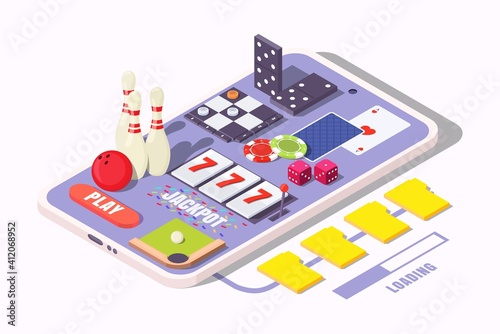 Isometric smartphone with bowling ball and skittles, checkers, playing cards, domino, chips, dices, billiards table on screen, flat vector illustration. Mobile gaming. Casino games. Mobile gambling.
