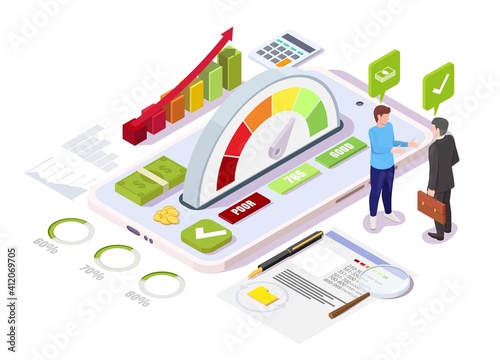 Isometric credit score gauge with good range on mobile phone screen, customer and lender characters, flat vector illustration. Digital good history personal ranking. Online credit score service.