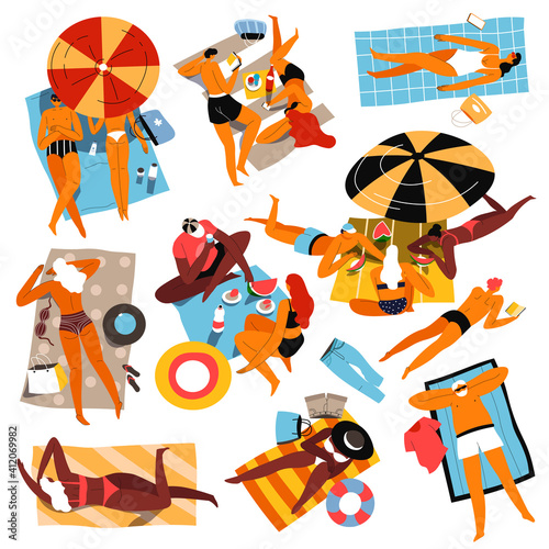 People sunbathing and resting by seaside vector