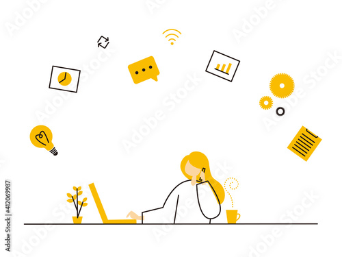 Illustration of a woman sitting on the earth, reading a book. Vector illustration on white background.

