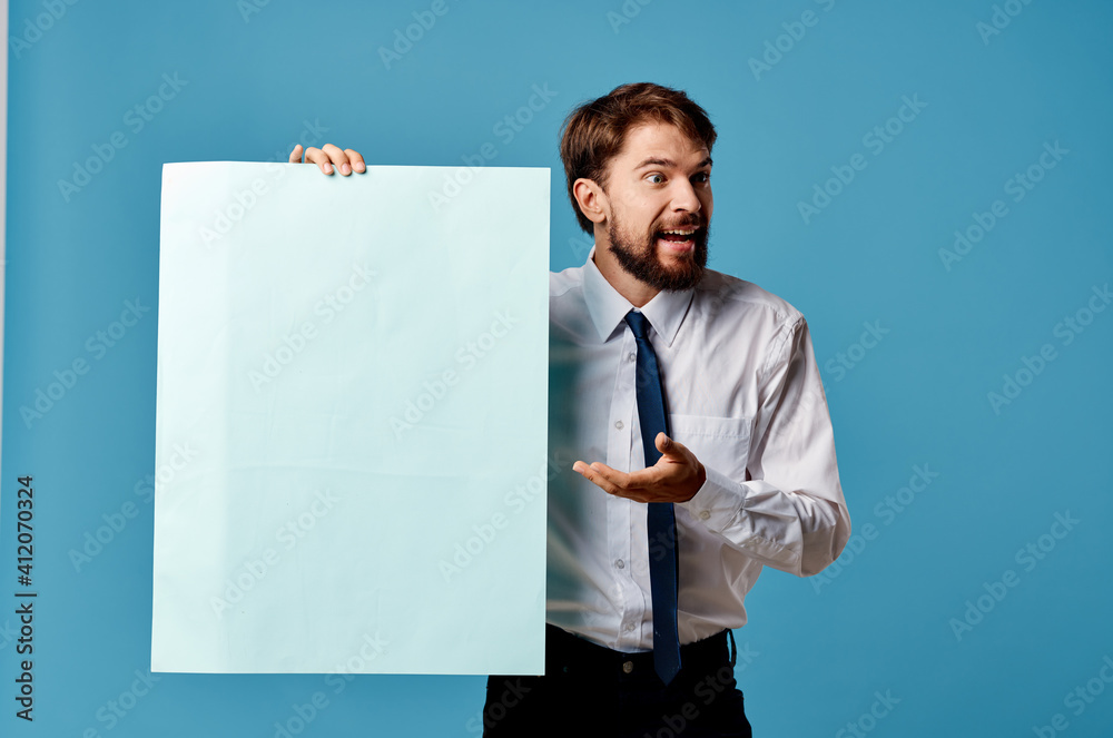 man in shirt with tie banner communication marketing blue background man in shirt with tie banner communication marketing blue background