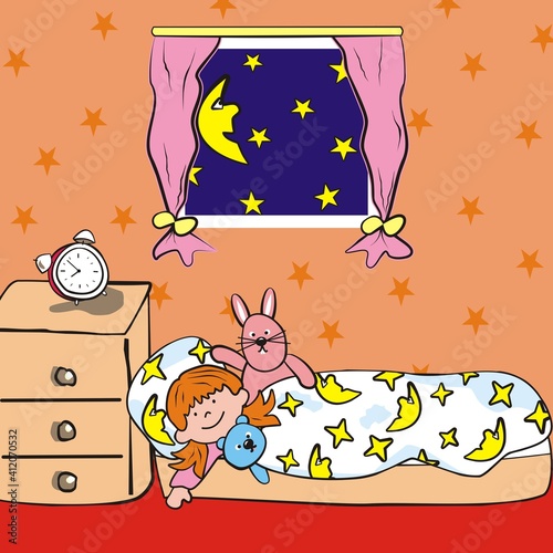 girl in the nursery, happy baby in bed, vector illustration