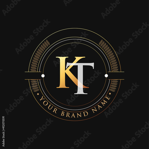 initial letter logo KT gold and white color, with stamp and circle object, Vector logo design template elements for your business or company identity.