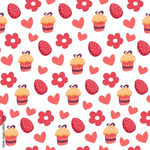 Easter seamless pattern with egg and sweet cake