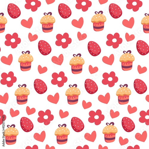 Easter seamless pattern with egg and sweet cake