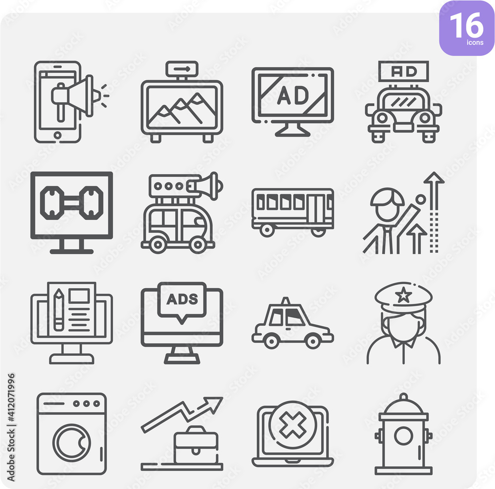 Simple set of publicity related lineal icons.