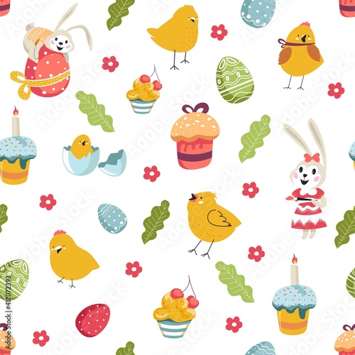 Easter holiday signs cake and birds, bunny flora