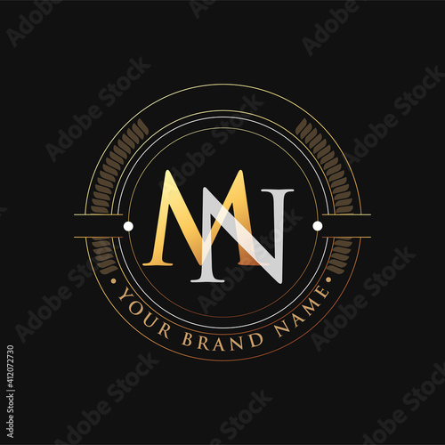 initial letter logo MN gold and white color, with stamp and circle object, Vector logo design template elements for your business or company identity.