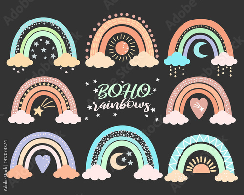 Boho Nursery Rainbow set in trendy Scandinavian style, isolated on black background. Cute hygge illustration for poster, textile, greeting card, kids playroom wall decor. Hand drawn doodle prints