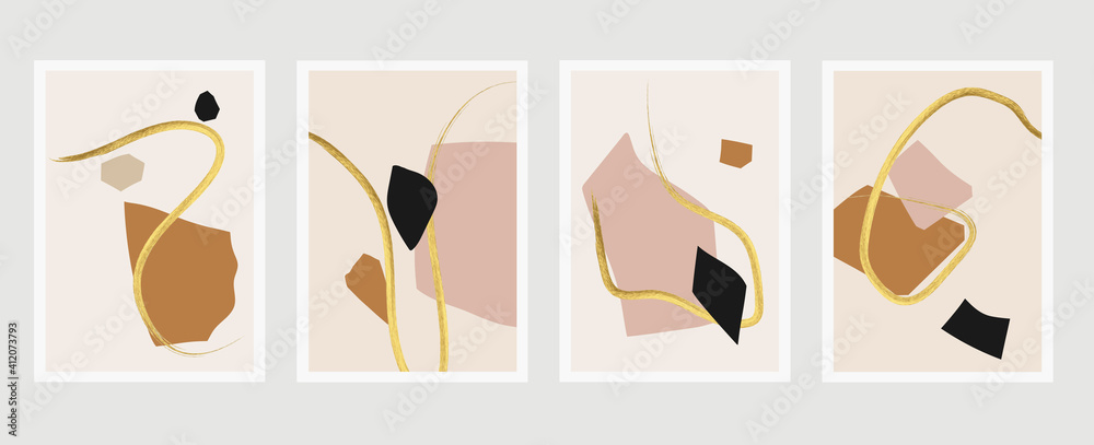 Luxury gold background wall art vector set. Hand drawn watercolours brush art design with golden texture. Design for wall framed prints, canvas prints, poster, home decor, cover, wallpaper.