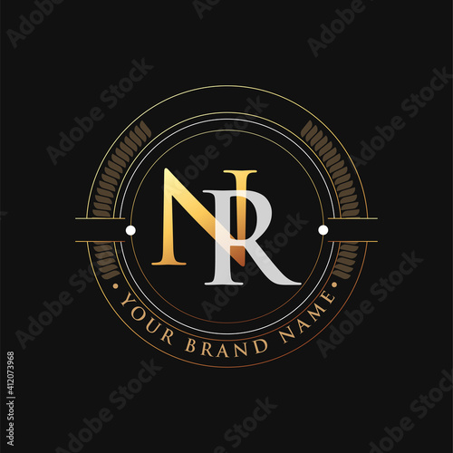 initial letter logo NR gold and white color, with stamp and circle object, Vector logo design template elements for your business or company identity. photo