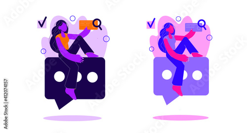 Chat messages vector illustration. Cartoon flat young girl chatting in messenger sitting on sms bubble. Online private conversation concept isolated on white background
