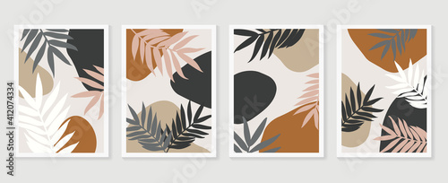 Botanical wall art background vector set.Earth tone natural colors foliage line art  boho plants drawing with abstract shape. Mid century modern design for prints  poster  cover and wallpaper.