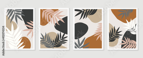 Botanical wall art background vector set.Earth tone natural colors foliage line art boho plants drawing with abstract shape. Mid century modern design for prints, poster, cover and wallpaper.