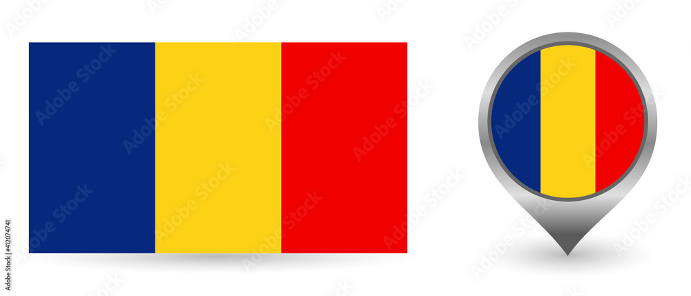 Fototapeta premium Vector flag Romania. Location point with flag Romania inside. Color symbol isolated on white background.