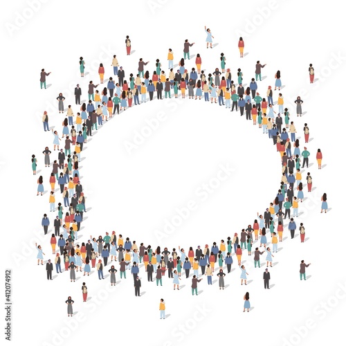 Large group of people standing together in the shape of speech bubble, flat vector illustration. People crowd gathering. Social communication concept.