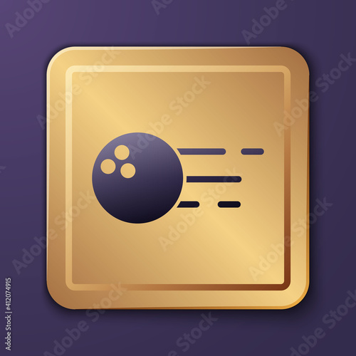 Purple Bowling ball icon isolated on purple background. Sport equipment. Gold square button. Vector.