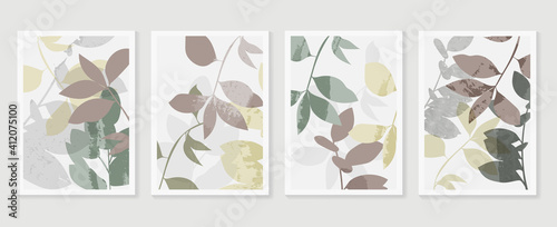 Botanical wall art vector set. Foliage line art drawing with  abstract shape.  Abstract Plant Art design for print, cover, wallpaper, Minimal and  natural wall art background.