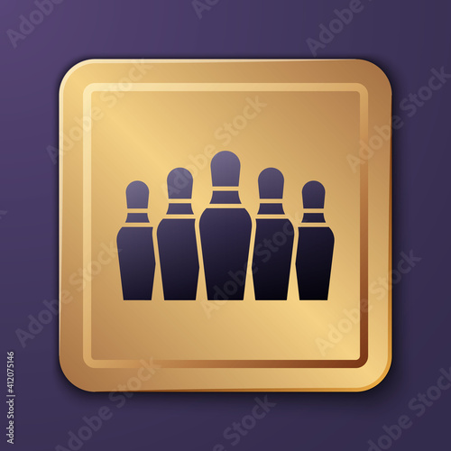 Purple Bowling pin icon isolated on purple background. Gold square button. Vector.