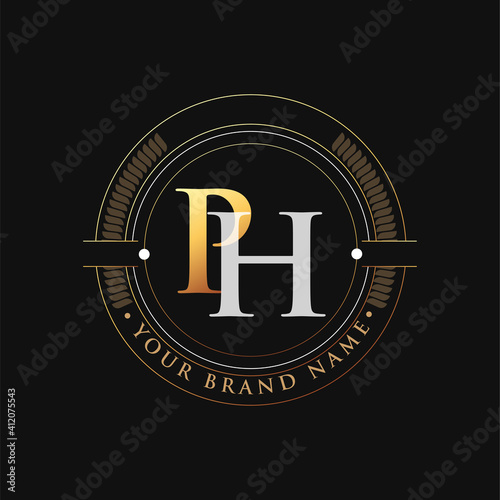 initial letter logo PH gold and white color, with stamp and circle object, Vector logo design template elements for your business or company identity.