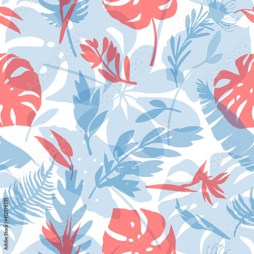 Seamless pattern with delicate tropical flowers and leaves