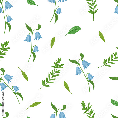 Wild herbs seamless pattern. Cartoon green leaves and blue flowers on white background. Vector hand drawn illustration.