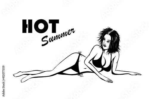 Black and white vector illustration of a beautiful woman wearing a bikini sunbathing Along with hot summer messages It is suitable for use in advertising to invite in tourism.