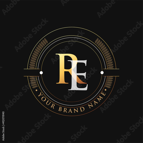 initial letter logo RE gold and white color, with stamp and circle object, Vector logo design template elements for your business or company identity.
