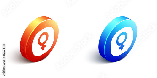 Isometric Venus symbol icon isolated on white background. Astrology, numerology, horoscope, astronomy. Orange and blue circle button. Vector.