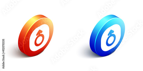 Isometric Mars symbol icon isolated on white background. Astrology, numerology, horoscope, astronomy. Orange and blue circle button. Vector.