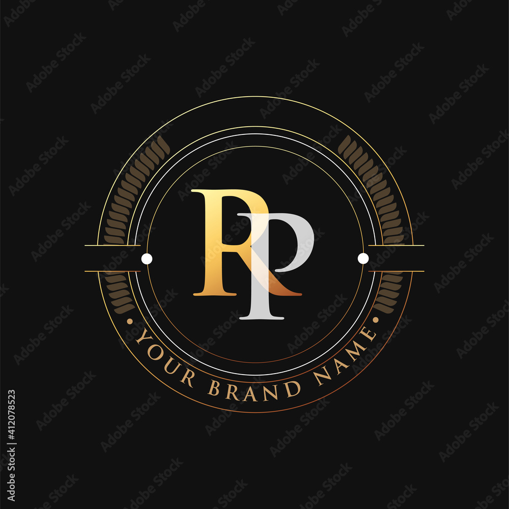 initial letter logo RP gold and white color, with stamp and circle object, Vector logo design template elements for your business or company identity.