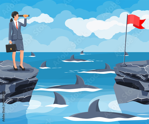 Businesswoman with spyglass on tiny island in sea and surrounded by sharks. Obstacle on work, financial crisis. Risk management. Success, achievement, vision career goal. Flat vector illustration