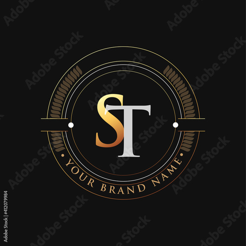 Fotografi initial letter logo ST gold and white color, with stamp and circle object, Vector logo design template elements for your business or company identity