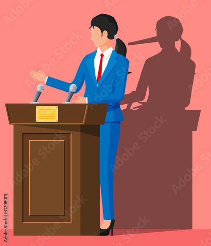 Businesswoman with long nose shadow on wall. Orator speaking from tribune. Public speaker. Liar, lying people in business. Cheat, fraud, scam, hoax and crime. Vector illustration in flat style